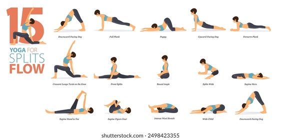 Infografía 15 Yoga posa para el entrenamiento en el concepto de flujo dividido en diseño plano. Mujeres haciendo ejercicio para estirar el cuerpo. Postura de yoga o asana para infografía de fitness. Ilustración vectorial plana de dibujos animados