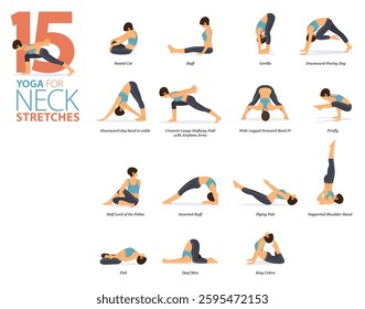 Infographic 15 Yoga poses for workout at home in concept of neck stretch in flat design. Women exercising for body stretching. Yoga posture or asana for fitness. Flat Cartoon Vector Illustration.