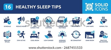 Infographic with 16 healthy sleep tips and icons. Includes advice such as schedule, reduce noise, limit screen time, avoid caffeine, comfortable mattress, warm bath, and other bedtime habits.