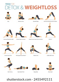 Infografía 16 poses de yoga para entrenar en casa en concepto de desintoxicación, pérdida de peso en diseño plano. Mujeres haciendo ejercicio para estirar el cuerpo. Postura de yoga o asana para infografía de fitness. Vector plano de dibujos animados