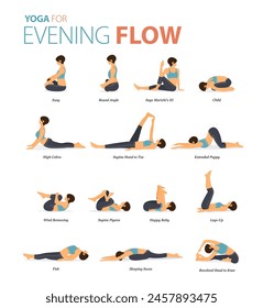 Infographic 16 Yoga poses for workout in concept of evening flow in flat design. Women exercising for body stretching. Yoga posture or asana for fitness infographic. Flat Cartoon Vector Illustration