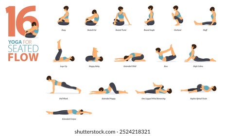 Infografía 16 Yoga posa para el entrenamiento en concepto de flujo sentado en diseño plano. Mujeres haciendo ejercicio para estirar el cuerpo. Postura de yoga o asana para infografía de fitness. Ilustración vectorial plana de dibujos animados