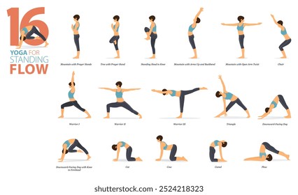 Infographic 16 Yoga poses for workout in concept of standing flow in flat design. Women exercising for body stretching. Yoga posture or asana for fitness infographic. Flat Cartoon Vector Illustration