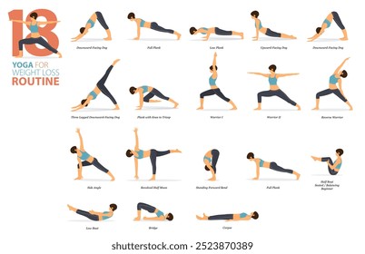 Infografía 18 Posturas de yoga para el entrenamiento en concepto de rutina de pérdida de peso en diseño plano. Mujeres haciendo ejercicio para estirar el cuerpo. Postura de yoga o asana para infografía de fitness. Ilustración de Vector plano