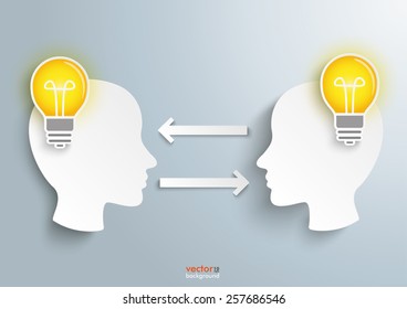 Infographic with 2 heads and 2 bulbs on the gray background. Eps 10 vector file.