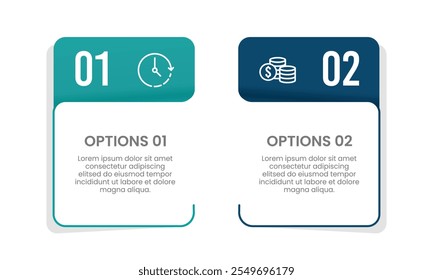 Infográfico 2 opções comparando dinheiro e tempo na gestão de negócios. Apresentação, relatório, dados e estratégia. Ilustração vetorial.