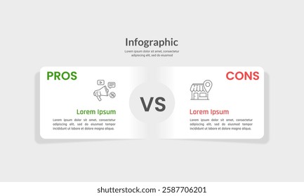 Infographic 2 options comparing pros and cons. Presentation, Banner, Plan, and Strategy. Vector illustration.