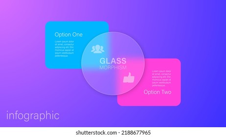 Infographic for 2 options, vector gradient design with realistic frosted glass, glassmorphism effect