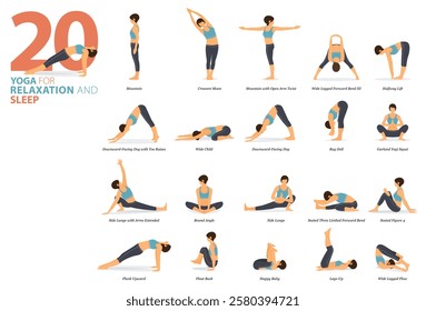 Infographic 20 Yoga poses for workout at home in concept of relaxation and sleep in flat design. Women exercising for body stretching. Yoga posture or asana for fitness infographic. Flat Vector