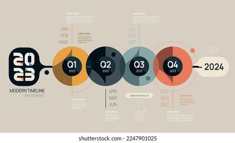 Plantilla de Infografía 2023 para empresas. Calendario moderno de diagrama de línea de tiempo y 4 trimestres, se puede usar para infografías vectoriales, gráficos de flujo, presentaciones, sitios web. 