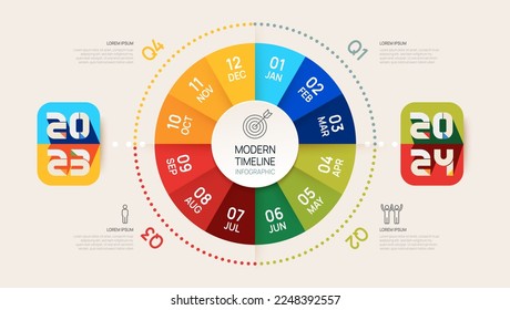 Plantilla de Infografía 2023 para empresas. Calendario moderno de diagrama de línea de tiempo y 4 trimestres, se puede usar para infografías vectoriales, gráficos de flujo, presentaciones, sitios web. 