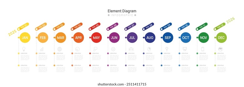 Infografik 2025 Vorlage für Unternehmen. 12 Monate moderner Timeline Element Diagramm Kalender, Vektorgrafik.