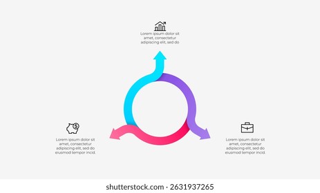 Infografía con 3 flechas circulares, con iconos para negocios, finanzas y crecimiento. Ideal para ilustrar conceptos como sostenibilidad, flujo de trabajo, ciclos económicos o planificación de procesos