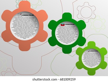 Infographic 3 gears. Similar colour. Business process chart infographics with cartoon gears on gray background. Template vector illustration High quality. Technological concept 3 options web cogs