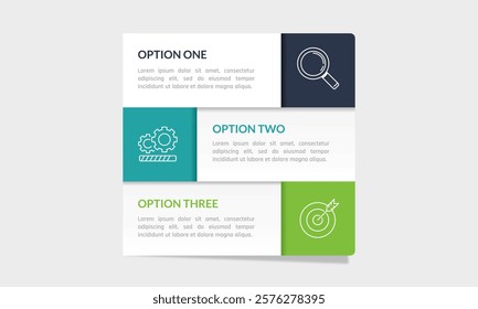 Infographic 3 options, left and right layout. Presentation, Report, Data and Plan. Vector illustration.
