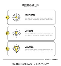 Infografía Viaje en línea de tiempo de 3 pasos, calendario Plantilla de diseño de infografías simples planas. Misión, visión y concepto de valores con 3 opciones, Ilustración vectorial.