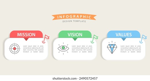 Infographic 3 Step timeline journey, calendar Flat simple infographics design template. Mission, vision and values concept with 3 options, vector illustration.