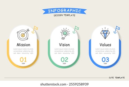 Infographic 3 Step timeline journey, calendar Flat simple infographics design template. Mission, vision and values concept with 3 options, vector illustration.