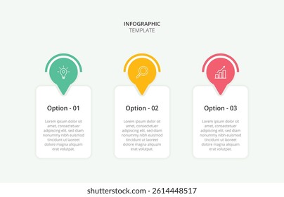 Infographic 3 Step timeline journey. Presentation graph, flat simple infographics design template. Clean timeline infographic design template with 3 options. Vector for presentation