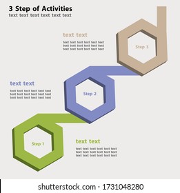 Infografía de 3 pasos de trabajo o actividades en el hexágono 3D en tres colores sobre fondo gris.