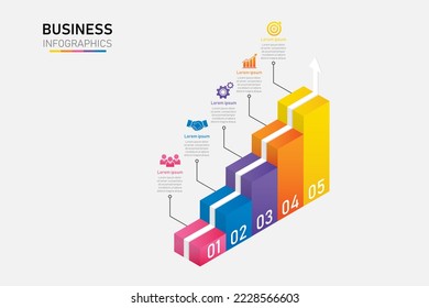 infographic 3d business stair for success. on white background. isometric and arrow step to goal. vector illustration.presentation and web design workflow diagram 5 options.staircase process template.
