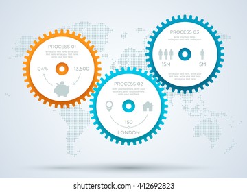 Infographic 3d Cogs With Dots World Map Back Drop B