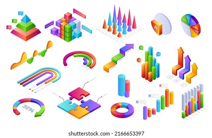 Infographic 3D elements. Isometric graphic charts progress bars with people icons for business presentation layout and financial analytic. Vector set. Information analysis for report document