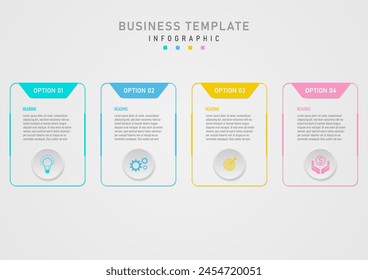 Infographic 4 Business Options Multi-colored platel square outline with text in the center of the upper square. with white numbers The bottom circle button has a colored icon in the center.