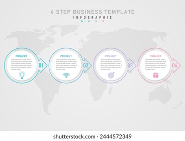 Infografía 4 proyectos empresariales Plantilla simple, carta circular blanca con icono en el centro, marco circular multicolor exterior. El extremo tiene una punta de flecha. El mapa de abajo tiene un fondo degradado gris.