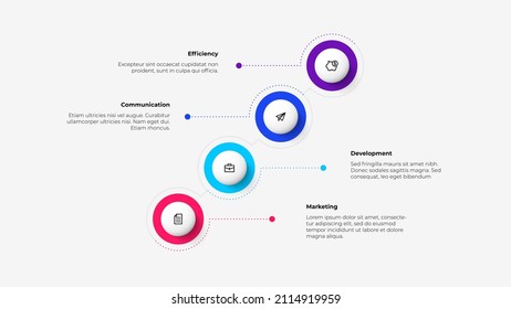 La infografía con 4 círculos se coloca diagonalmente con una línea de puntos. Visualización de datos empresariales. Concepto del proceso de desarrollo de la actividad de la escala de tiempo.