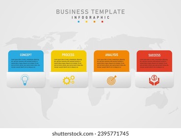 Infographic 4 steps to business planning simple template multi colored squares middle letter gray bottom White icon in the middle map below gray gradient background