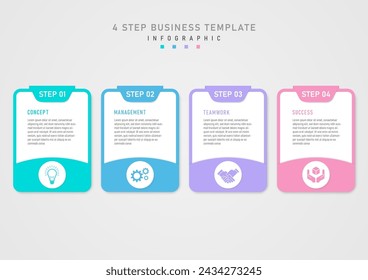 Infographic 4 steps business planning multi-colored squares below white square above The letter in the middle of the number above Below is a white circle icon in the middle. gray gradient background