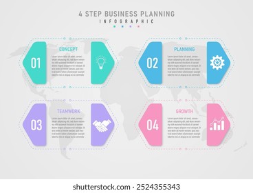 Infographic 4 steps to business planning Multi-colored rounded corner triangle template The left side has numbers. On the right side there is an icon in the middle with letters around the outside.