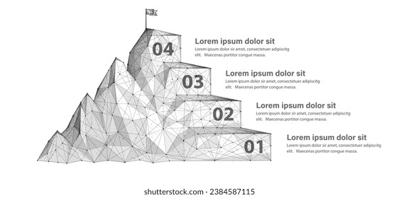 Infografik mit 4 Schritten. Digitaler Berg. Schritt-für-Schritt-Leitfaden für den digitalen Erfolg, 4-Stufen-Geschäftsweg, Erreichbarkeit, Lösungsstrategie für den Erfolg, technologische Karrierezeitplan, Fortschrittsplan