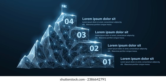 Infographic with 4 steps. Digital mountain. Step-by-step guide to digital success, 4-level business path, achieve level, solution strategy for achievement, technology career timeline, progress plan