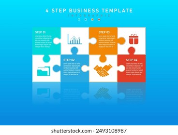 Infographic 4 steps multi-colored puzzle pieces White letters on a colored background and multi-colored icons on a white background with reflections below a blue gradient background.