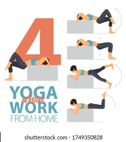 Infographic of 4 Yoga poses for easy yoga at home concept in flat design. Woman exercising for body stretching. Yoga posture or asana for fitness infographic. Flat Cartoon Vector Illustration.