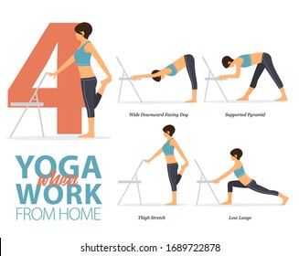 Infographic of 4 Yoga poses for office syndrome when work from home in flat design. Beauty woman is doing exercise for strength on office chair. Set of yoga postures infographic . Vector Illustration.