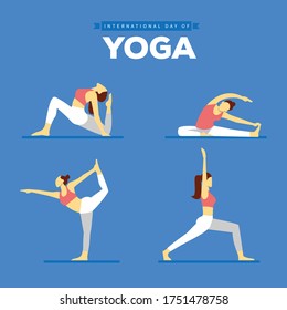 Infographic of 4 Yoga poses for workout at home in concept of yoga for heart opening in flat design. Woman exercising for body stretching. Yoga posture or asana for fitness infographic. Cartoon Vector