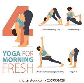 Infographic 4 Yoga poses for workout at home in concept of morning fresh in flat design. Women exercising for body stretching. Yoga posture or asana for fitness infographic. Flat Cartoon Vector.