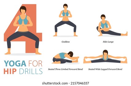 Infographic 4 Yoga poses for workout at home in concept of hip drills in flat design. Women exercising for body stretching. Yoga posture or asana for fitness infographic. Flat Cartoon Vector.