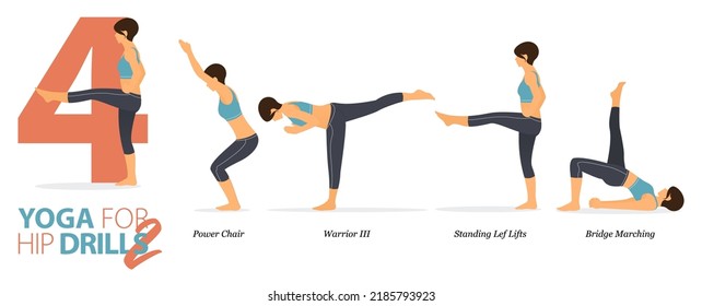 Infographic 4 Yoga poses for workout at home in concept of hip drills in flat design. Women exercising for body stretching. Yoga posture or asana for fitness infographic. Flat Cartoon Vector.