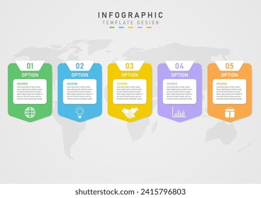 Infographic 5 business options multi-colored squares simple template Centered text on a white background Above are numbers, below are white icons, maps behind a gray gradient background.