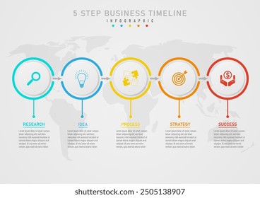 Infographic 5 business steps to success template The gray buttons have a multi-colored icon in the center with multi-colored outline arrows between the buttons. Text below the map on the back

