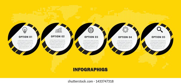 Infographic in 5 options on yellow background for business and education presentation vector design illustration eps.10