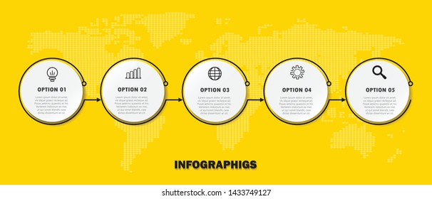 Infographic in 5 options on yellow background for business and education presentation vector design illustration eps.10