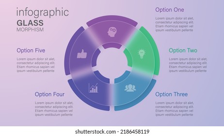 Infographic for 5 options, vector gradient design with realistic frosted glass, glassmorphism effect