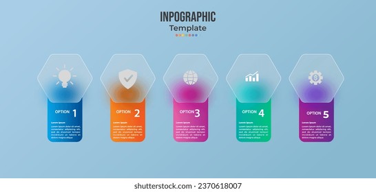 Infographic for 5 options, vector gradient design with realistic frosted glass, glassmorphism effect