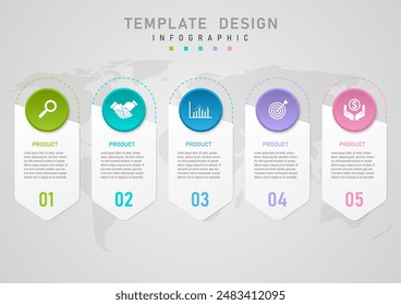 Infographic 5 product options simple template The white square in the center has text and the bottom has numbers. The multi-colored circle above has a white icon in the center of the map below.