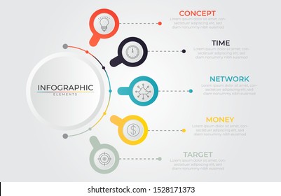 Infographic with 5 round paper white elements connected to main circle. Chart process template. Vector illustration for company or corporate business project and presentation. Trendy Eps10 design